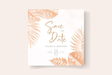 Wedding invitation card template with tropical leaf design