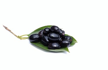 Jamun or Black Plum Isolated on White Background with Leaves, Also Known as Malabar Plum, Syzygium Cumini or Jambolan