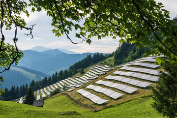Photovoltaic, solar panels with alpine meadow, green tree and mountains in the background. Solar panels in country landscape over summer Alps is innovation for sustainability of world solar energy. - obrazy, fototapety, plakaty