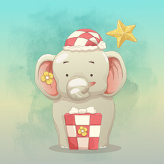 baby elephant happy to get christmas gift. hand drawn vector art style