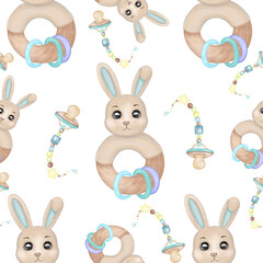 Newborn decorative nipple and rabbit rattle toy seamless pattern. Hand drawn watercolor baby accessories seamless pattern on white background. Design for a baby textile, clothes, wallpapers.