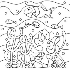 Coloring book for older children , Underwater. Marine vector motif . Doodles of the underwater world, sea, ocean, river .