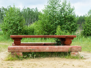 Wooden table and benches - an equipped place for a picnic in nature