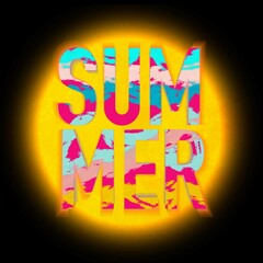 Fototapeta premium Abstract Hand Drawing Grunge Summer Text with Sun Background Sticker Placement Print Pattern