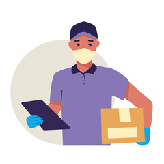 Delivery of goods during the prevention of coronovirus, Covid-19. Courier in a face mask with a box in his hands. Portrait from the waist up. Vector flat illustration. Delivery man in a gloves. 