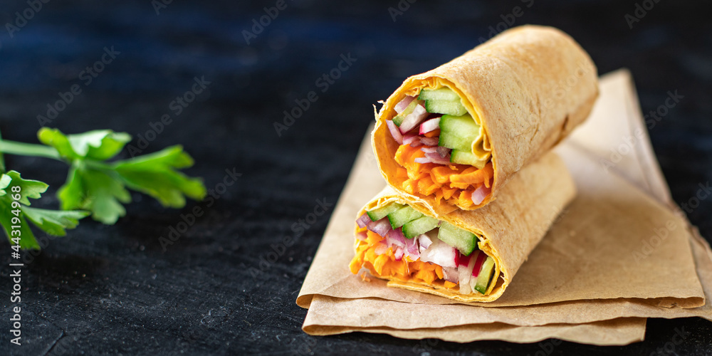 Wall mural vegetable shawarma doner kebab pita bread filling vegetables dish on the table healthy meal snack copy space food background top view keto or paleo diet veggie vegan or vegetarian food