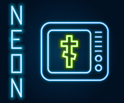 Glowing Neon Line Online Church Pastor Preaching Video Streaming Icon Isolated On Black Background. Online Church Of Jesus Christ. Colorful Outline Concept. Vector