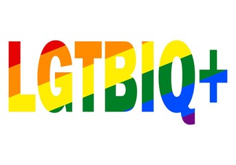 Texto LGTBIQ+ con el relleno de la bandera del colectivo LGTBIQ+ sobre fondo blanco