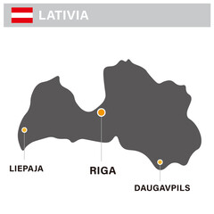 Vector illustration map of Baltic states Latvia, mark city (Riga,Daugavpils,Liepaja),national flag, geographic resource