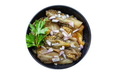 eggplant salad snack pickled vegetable on the table healthy food meal copy space food background rustic. top view veggie vegan or vegetarian food 