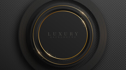 Black luxury background along with golden circle lines, minimal scene, empty space for text. 3d Vector illustration.