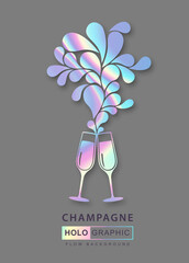 Modern holographic fluid two champagne glasses vector icon.