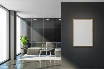 Empty mockup poster with living room sofa, dark grey