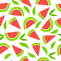 Seamless pattern with watermelon and leaves.Vector illustration with a  watermelon fruit for decorating dresses, clothes, fabrics, wallpapers. Flat doodle style. Hand-drawn. Sweet watermelon for cafe 