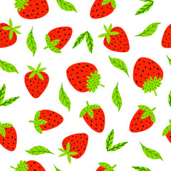 Seamless pattern with strawberries and leaves.Vector illustration with strawberries for decorating dresses, clothes, fabrics, wallpapers. Flat doodle style. Hand-drawn. A sweet fruit.