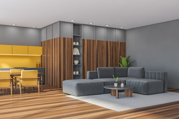 Yellow studio kitchen with grey sofa in the corner