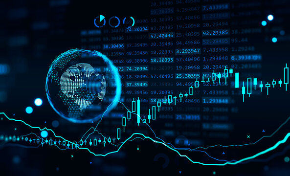 Holographic Earth with diagram and data, dark blue, neon shades - Powered by Adobe