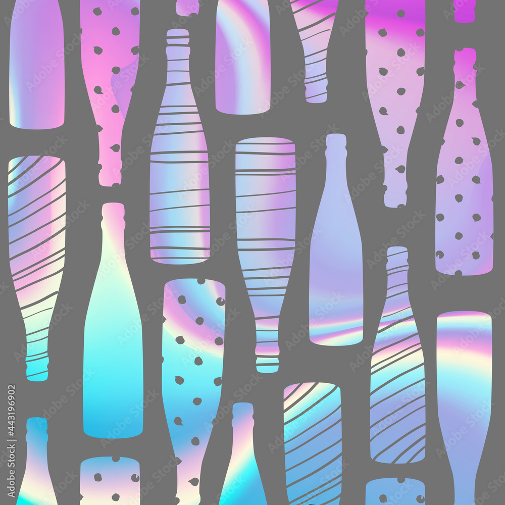 Wall mural holographic seamless pattern with champagne bottles. holographic background, gift wrap, wall art des