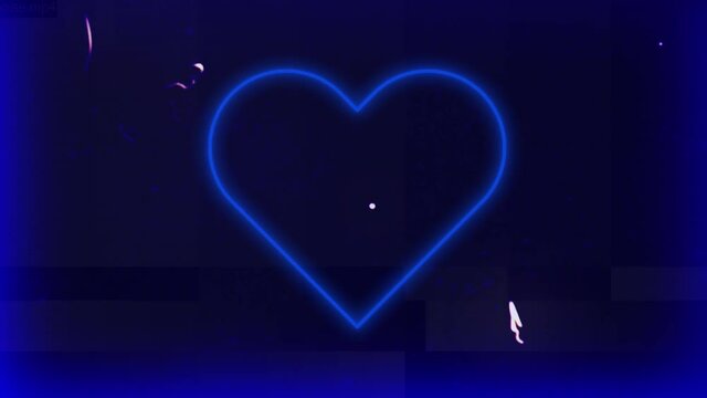 Animation of blue heart, moving with green rectangles on dark background