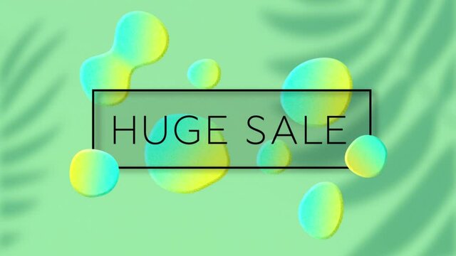Animation of text, massive sale, on yellow and blue blobs, over plant shadows on green background