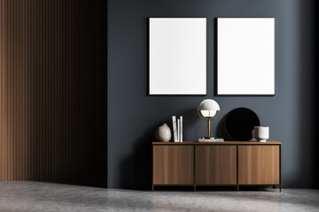 Two white posters in grey living room with wooden coating, sideboard
