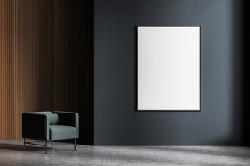 Poster on grey background with green armchair at wooden wall
