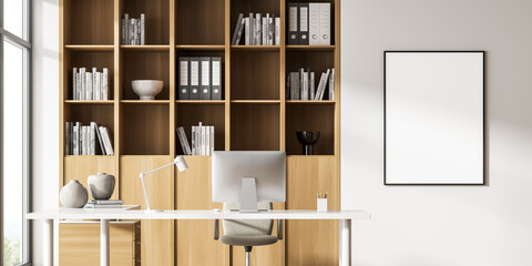 Fototapeta na wymiar Poster, cabinet, desk in panoramic office, beige