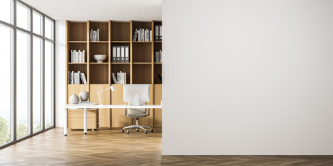 Panoramic office area with empty wall, beige © ImageFlow