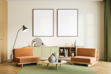 Two mockups in the orange, pistachio green waiting room with sofas