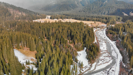 Aerial view of Dolomite Valley in winter
