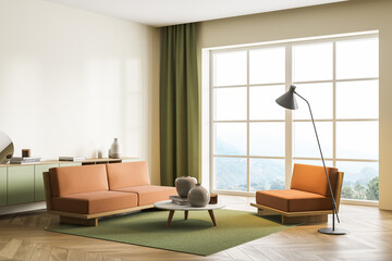 Corner of panoramic living room with orange, green furniture