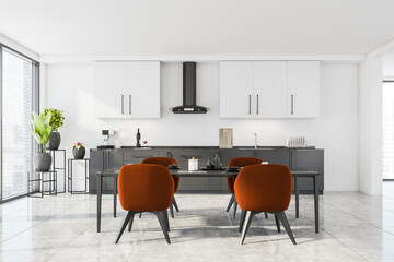 Front view of panoramic white, grey interior with kitchen, orange chairs