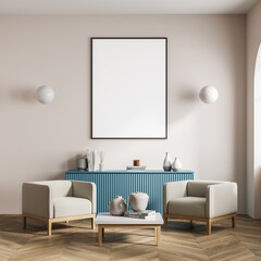 Waiting room interior with poster, two armchairs, blue sideboard