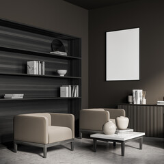 White placard in dark brown living room corner with bookshelf © ImageFlow