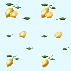 Obraz premium A pattern of ripe bright lemons, whole and half, with twigs and leaves on a light blue background. For fabric drawing, wallpaper, design, cover, decor