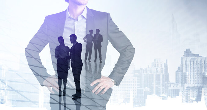 Confident diverse young professional business people rushing and looking for solutions in panoramic office space with skyscraper New York city view. Business development concept. Double exposure