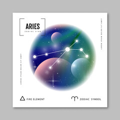 Modern magic witchcraft card with astrology Aries zodiac constellation on holographic flow background