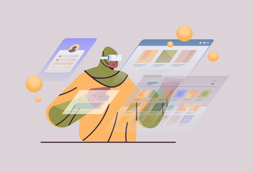 arab woman wearing vr headset arabic girl in digital glasses exploring virtual reality interactive services portrait