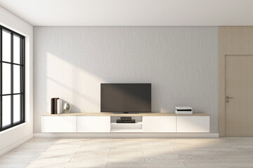 Naklejka na ściany i meble Minimalist room with TV cabinet and gray wall, wood floor. 3d rendering