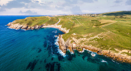 Panoramic aerial view of the coast of northern Spain. Cantabria.