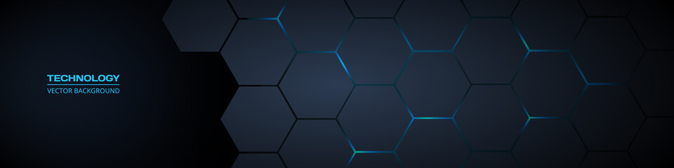 Obraz na płótnie Canvas Dark gray and blue horizontal hexagonal technology abstract vector background. Blue bright energy flashes under hexagon in futuristic modern technology wide banner. Dark gray honeycomb texture grid.