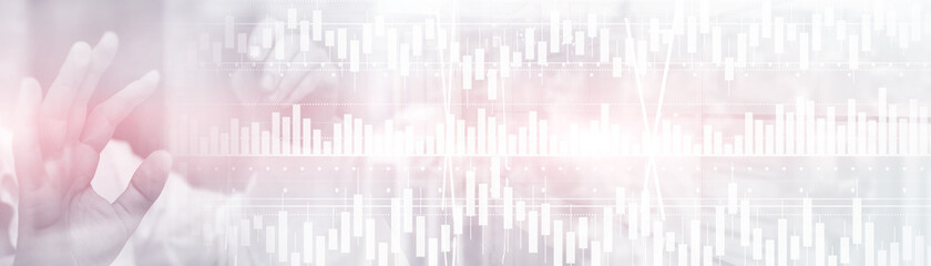 Volume candlestick graph Stock market exchange analysis. People on the background graphics