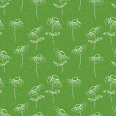 Chamomile white contour on a green background. Seamless pattern with flowers and plants for luxury fabrics, decorative pillows, interior design. Vector.