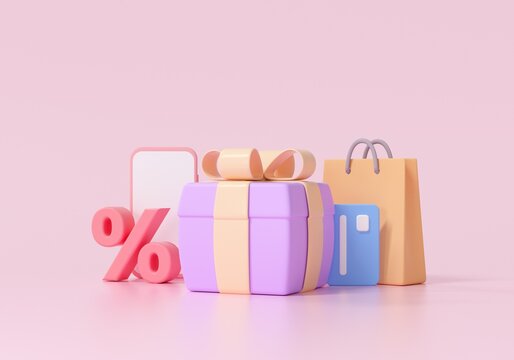 3D Online Shopping, Promotion Discount, And Mega Sale Concept. 3d Render Illustration