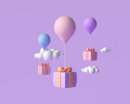 3D Flying gift box with balloons, online shopping, greeting, and celebrate concept. 3d render illustration