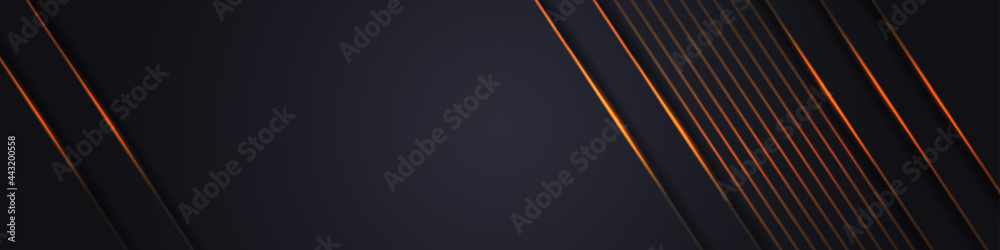 Wall mural abstract dark grey horizontal wide banner with orange light lines on blank space. futuristic dark lu