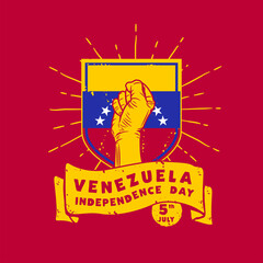 Square Banner illustration of Venezuela independence day celebration. Waving flag and hands clenched. Vector illustration.