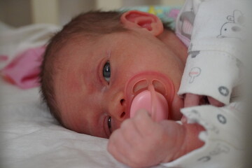 Newborn baby face. Open eyes with hands. With pink Pacifier. close up view macro closeup. High quality photo
