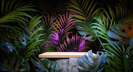 Wooden tabletop on a boulder placed among an exotic jungle. Podium platform for product...