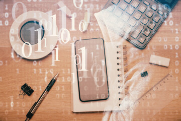 Multi exposure of technology theme drawing over work table desktop. Top view. Global data analysis concept.